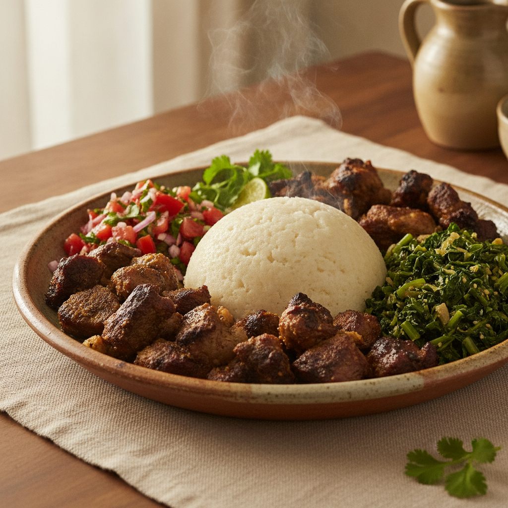 A plate of ugali, nyama choma, sukuma wiki and kachumbari